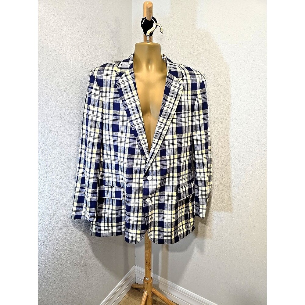 Haggar 70s Linen Plaid Blazer Jacket 46L Blue Yellow Check Dapper Preppy Dandy